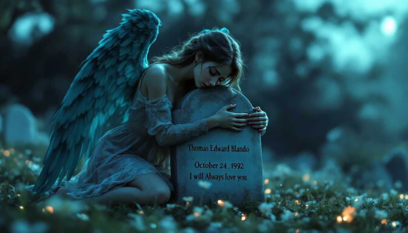 an ethereal angel young lady with a dress, teal wings, bare feet, bowed head, closed eyes, is kneeling down hugging a gravestone with the words "Thomas Edward Blando, October 24, 1992, I will Always love you" written on it in clear text. The moonlight is reflecting from her tears, hyper-realism hd 8k 