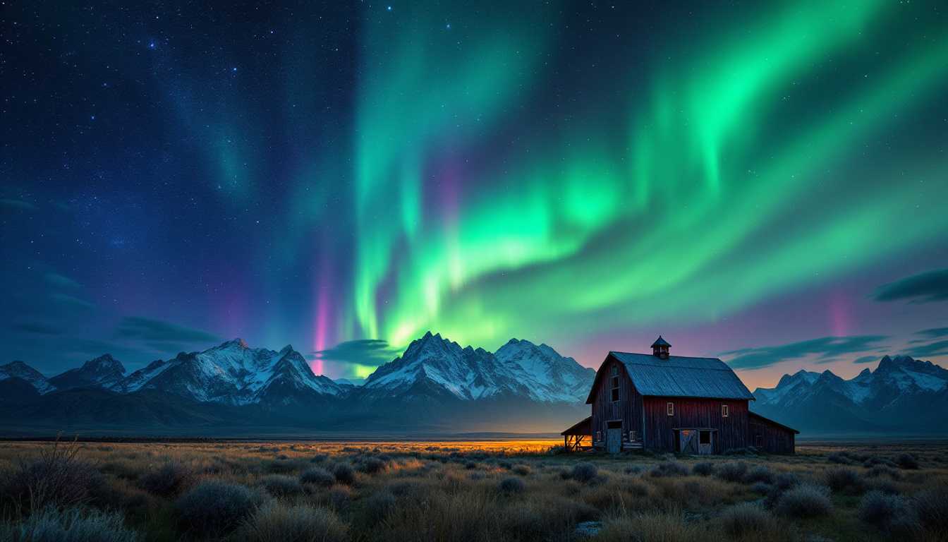 a hyper-realistic lush photo, Grand Tetons, Moulton Barn under a bright aurora borealis sky blanketed with stars, patchy grass surrounds the barn, Photo-realistic, highly detailed. Saturation, detailed textures, vibrant colors