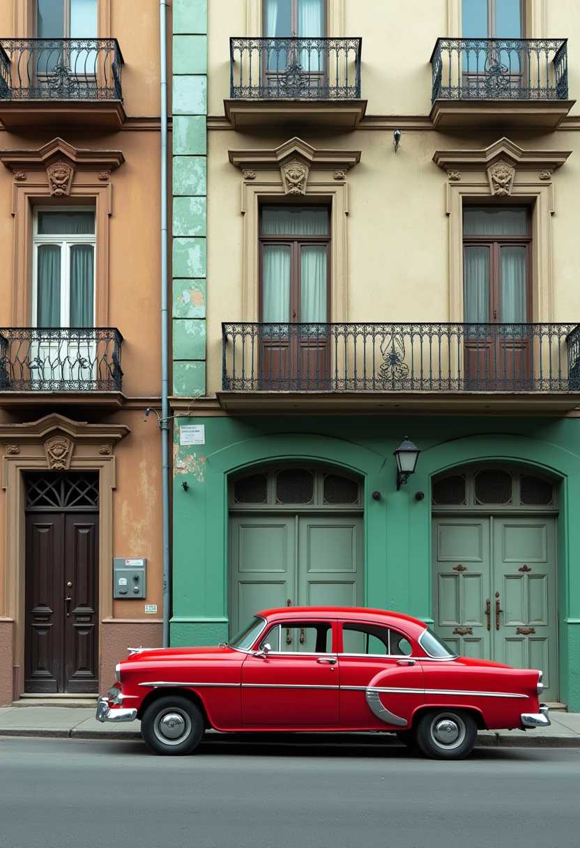 The colors in the image are quite muted, with a predominance of earthy tones that give the scene a somewhat desolate yet serene quality. The red car parked on the side of the road stands out as a vibrant splash of color against the otherwise subdued palette. The building facades display a variety of weathered hues, including faded greens, browns, and whites, which contribute to the aged aesthetic of the scene.The objects in the image are numerous and contribute to the overall narrative of a bygone era. The red car, with its classic design, suggests a sense of history and perhaps a slowerpaced time. The building itself is a testament to architectural styles from a different period, with ornate moldings and balconies that hint at a European influence. The wornout appearance of the building, with peeling paint and exposed brick, adds to the sense of age and endurance. The street is empty except for the parked car, which gives the scene a quiet and still atmosphere. 