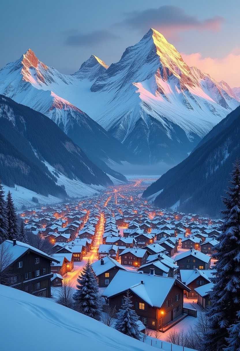 This image captures a breathtaking winter scene at dusk, with a small town nestled in a valley surrounded by majestic snowcapped mountains. The town is blanketed in snow, with the rooftops glowing warmly against the cool blue twilight sky. The snowcovered peaks of the mountains are illuminated by the setting sun, casting a golden hue on their rugged textures.The town is densely packed with buildings, varying in height and architectural style, but they all share a common theme of traditional alpine design. The houses are mostly white or pastelcolored, with dark roofs that contrast sharply against the snow. The towns layout is organized in a grid pattern, with streets and alleys that weave through the buildings, creating a cozy and inviting atmosphere.In the foreground, we can see the rooftops of the town, with snowcovered peaks and chimneys peeking through. The snowcovered landscape is undisturbed by footprints or tire tracks, giving the scene a pristine and tranquil quality. The towns lights begin to twinkle as the day turns to night, adding a magical touch to the already enchanting setting.The art style of the image is realistic with a touch of impressionism, capturing the beauty of the natural world and the human settlement within it. The medium appears to be a highresolution photograph, taken during the golden hour when the light is soft and warm, enhancing the colors and textures of the scene.The colors in the image are a harmonious blend of cool blues and whites from the snow and sky, contrasted with the warm yellows and oranges from the towns lights. The dark silhouettes of the mountains add depth and dimension to the composition, while the golden light on the peaks creates a focal point and draws the viewers eye.Overall, this image is a testament to the beauty of nature and human habitation coexisting in harmony. It evokes a sense of peace, tranquility, and wonder, inviting the viewer to pause and appreciate the simple yet profound beauty of a winter twilight in a small alpine town.