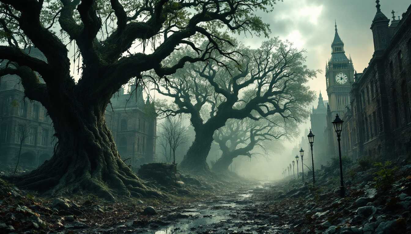 carnivorous trees devour decaying london, a dark apocalyptic and terrifying vision