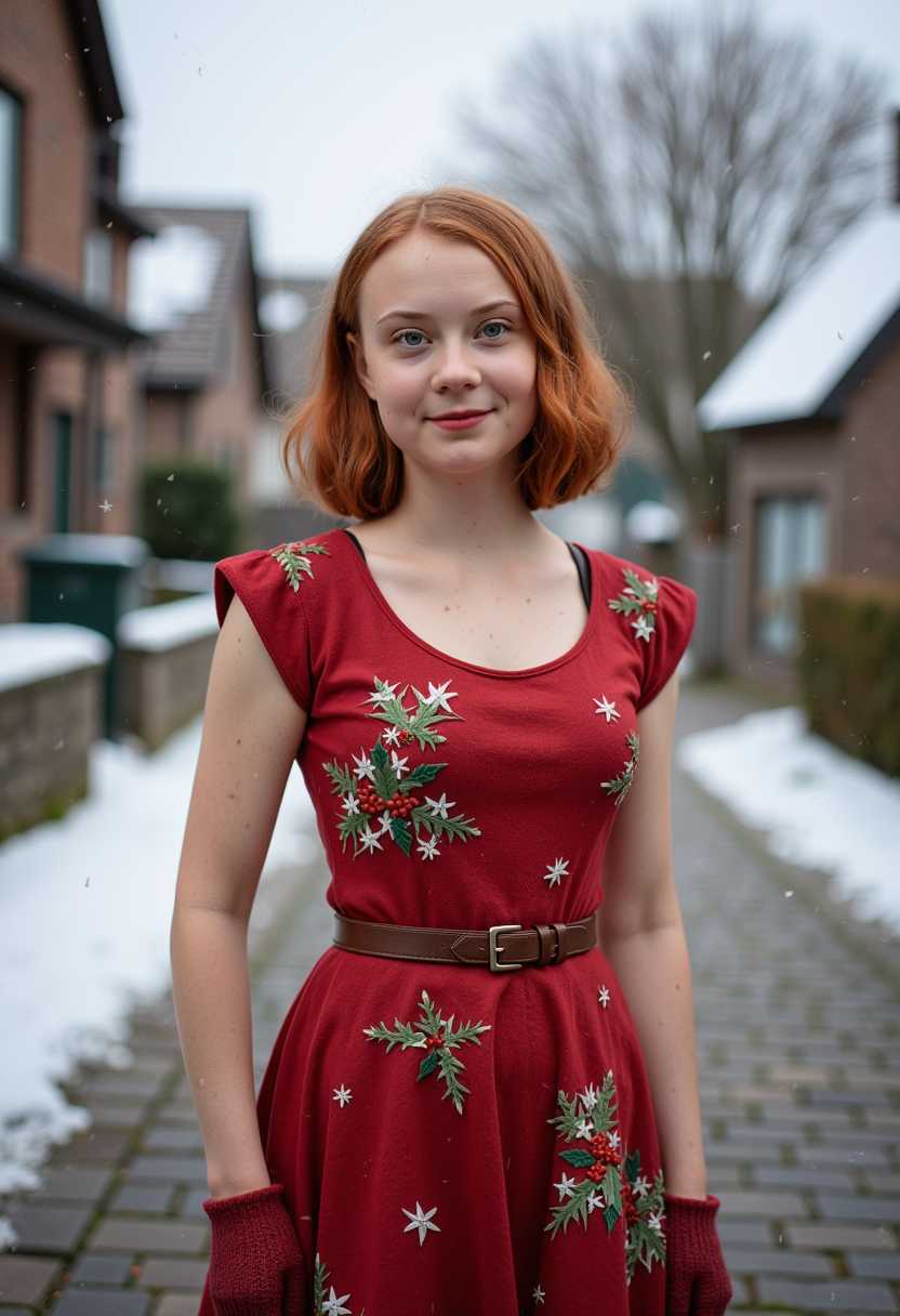 a young woman, red hair, green eyes, 1950s style, wearing a xmas dress. Xmas theme. suburban background featuring a quaint cottage and cobbled street, snow