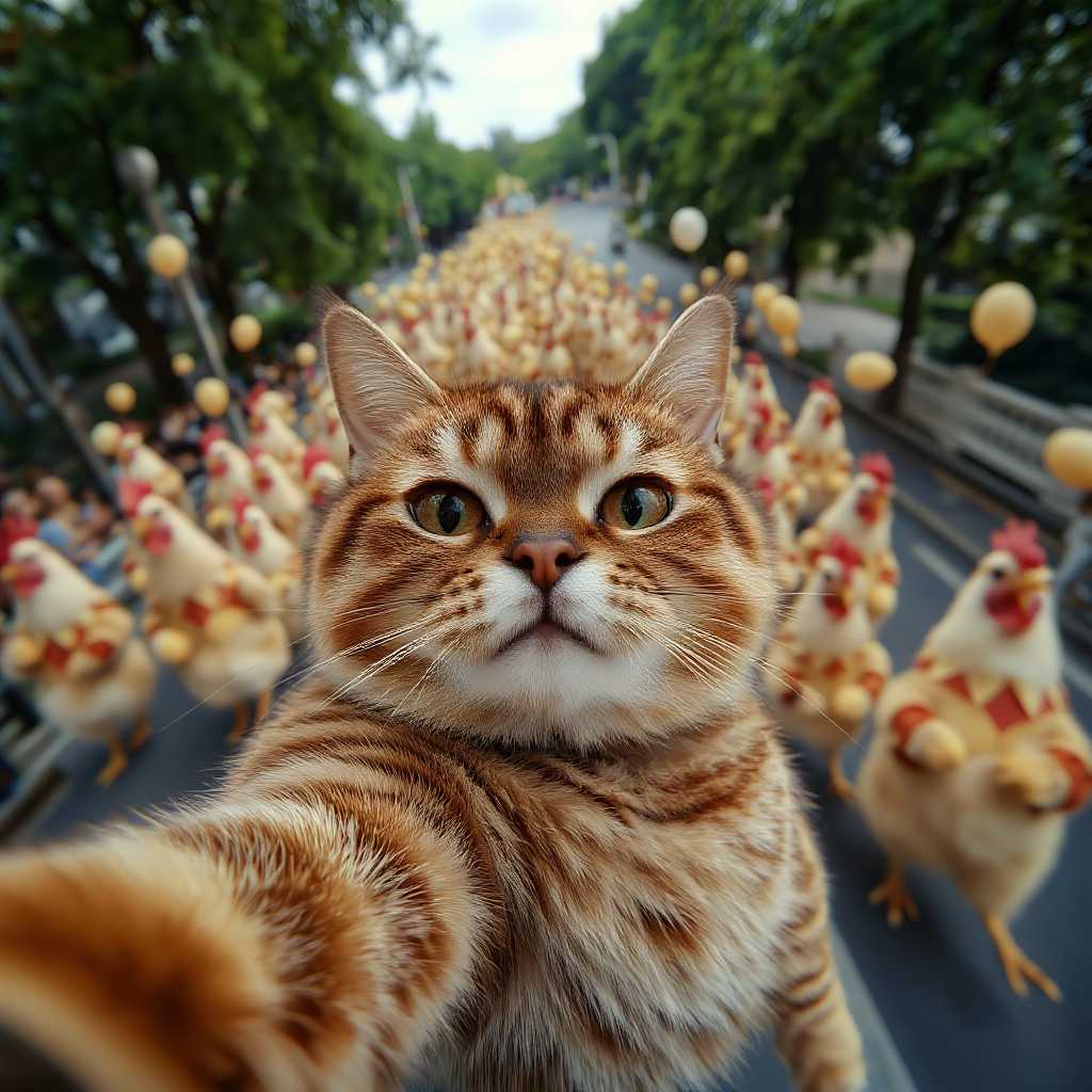 , A chubby, grumpy-looking cat making a selfie with a serious expression, as an entire parade of chickens dressed as clowns passes by in the background. The chickens have tiny balloons and are juggling eggs. Vivid colors, photorealistic style.