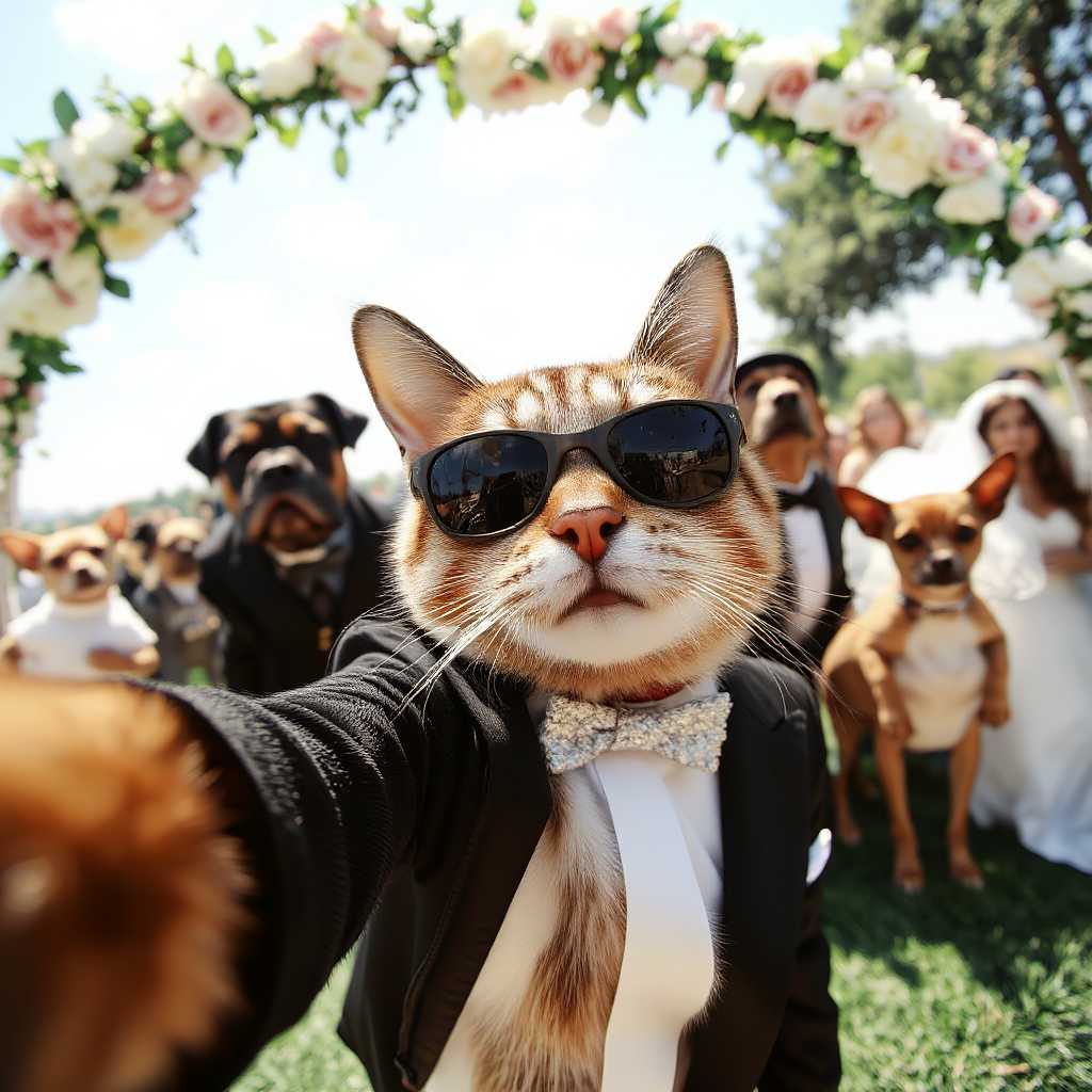 , A tuxedo cat with sunglasses and a smirk taking a selfie, oblivious to the dog wedding happening behind it. Dogs in wedding attire—complete with a priest dog and a sobbing chihuahua as the bride—are standing under a flower arch. Sharp, humorous, mid-day lighting.