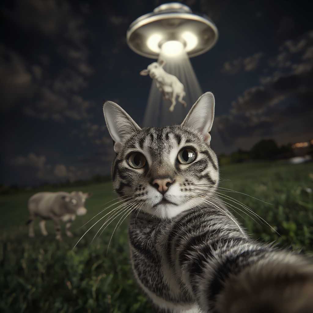 , A grey tabby cat taking a selfie with a perfectly blank stare, unaware that a UFO is abducting a cow in the background. The cow looks nonchalant, chewing on grass as it floats upward, while the aliens look confused by the cat’s selfie. Night scene with a surreal glow.