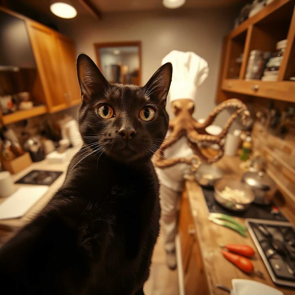 Black Cat in Kitchen with Chef and Octopus Costume