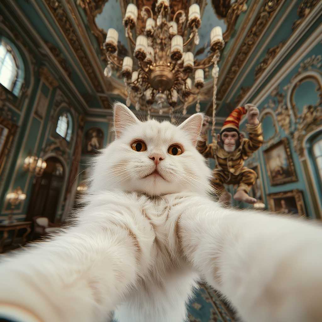 , A fluffy white Persian cat with an unamused expression snapping a selfie in a royal palace, while a monkey dressed as a court jester swings from the chandelier, spilling popcorn everywhere. Elegant palace decor, photorealistic with bright colors.