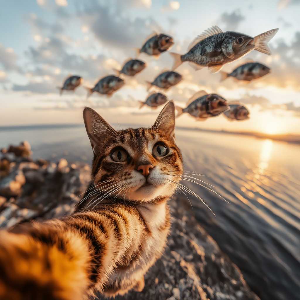 , A calico cat making a selfie near a peaceful lake, unaware of a group of fish flying out of the water and into the air, wearing tiny helmets like they’re escaping. Sunset lighting with soft reflections on the water, whimsical and vibrant tone.