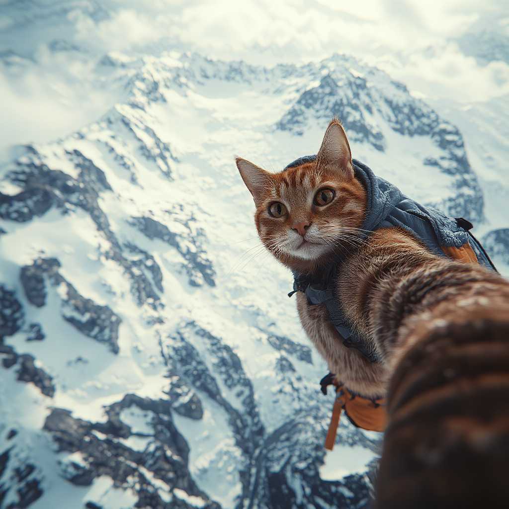 , A ginger cat taking a selfie while climbing Mount Everest in full mountaineer gear. The cat is hanging from a cliff edge by one paw, with a huge avalanche roaring down behind it. Snowy and icy textures with cold, pale lighting and a cinematic tone.