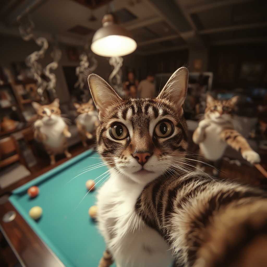 , A cat taking a selfie when behind him other cats are smoking pots and playing pool