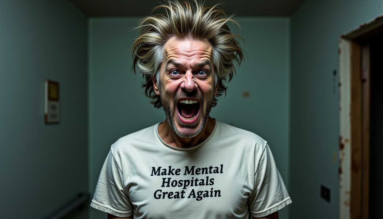 a photo of SteffN, Create an image of a Crazy looking person "SteffN" with wierd wild hair standing up in the air, 3 days old stubbles, crosseyed weird looking person wearing a white straitjacket with the words "Make Mental Hospitals Great Again"  "SteffN" has a highly expressive and animated facial expression screaming crazy, laughing, "SteffN" hair is wild and unkempt, that appear to be in a state of disarray. the hair is STATIC ELECTRICAL STANDING UP IN THE AIR, adding to the overall chaotic and humorous vibe of the image. he is dirty in the face, hobo, homeless."2 MALE GIANT EVIL LOOKING  care takers in white dresses with the words that reads Gotham Azylum AR TRYING TO RESTRAIN SteffN" The overall composition of the image, with its contrasting elements of wild hair and a serious message on the Tshirt, THE BATTLE WITH CARETAKERS, creates a juxtaposition that can be seen as thought provoking or simply amusing, depending on the viewers perspective, surreal crazy, victorian age  eerie mental hospital, azylum, horror moovie,  dark, cold, and oppressive. The walls are cracked and stained, dimly lit by flickering, buzzing fluorescent lights. Rusted metal bars cover the windows, blocking any natural light. The air feels thick with dampness, and the sound of distant, unsettling echoes fills the corridors. The rooms are small, with heavy, bolted doors, and peeling paint exposes the decaying structure. The atmosphere is heavy with dread, a claustrophobic maze of shadows and grime, creating a feeling of isolation and despair for its patients.
