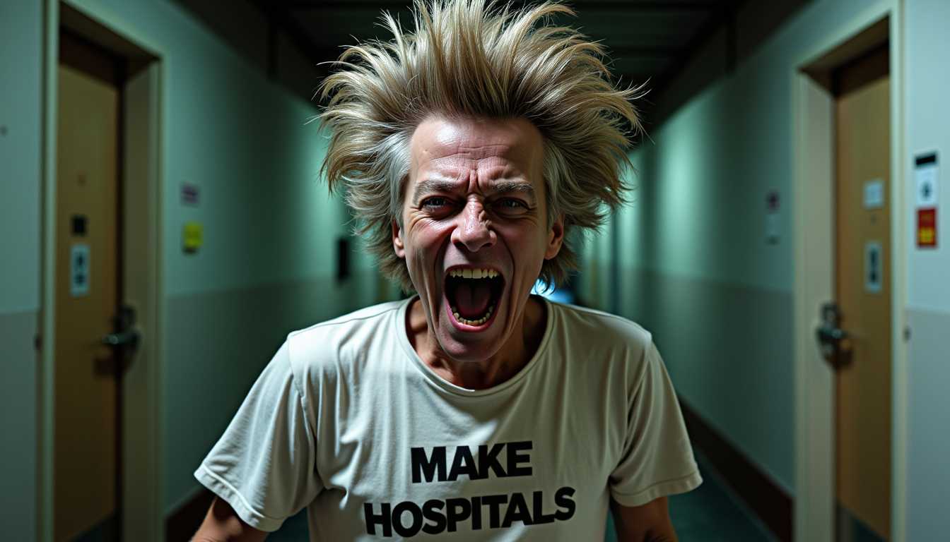 a photo of SteffN, Create an image of a Crazy looking person "SteffN" with wierd wild hair standing up in the air, 3 days old stubbles, crosseyed weird looking person wearing a white straitjacket with the words "Make Mental Hospitals Great Again"  "SteffN" has a highly expressive and animated facial expression screaming crazy, laughing, "SteffN" hair is wild and unkempt, that appear to be in a state of disarray. the hair is STATIC ELECTRICAL STANDING UP IN THE AIR, adding to the overall chaotic and humorous vibe of the image. he is dirty in the face, hobo, homeless."2 MALE GIANT EVIL LOOKING  care takers in white dresses with the words that reads Gotham Azylum AR TRYING TO RESTRAIN SteffN" The overall composition of the image, with its contrasting elements of wild hair and a serious message on the Tshirt, THE BATTLE WITH CARETAKERS, creates a juxtaposition that can be seen as thought provoking or simply amusing, depending on the viewers perspective, surreal crazy, victorian age  eerie mental hospital, azylum, horror moovie,  dark, cold, and oppressive. The walls are cracked and stained, dimly lit by flickering, buzzing fluorescent lights. Rusted metal bars cover the windows, blocking any natural light. The air feels thick with dampness, and the sound of distant, unsettling echoes fills the corridors. The rooms are small, with heavy, bolted doors, and peeling paint exposes the decaying structure. The atmosphere is heavy with dread, a claustrophobic maze of shadows and grime, creating a feeling of isolation and despair for its patients.
