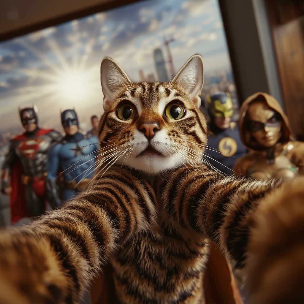 Cat Selfie with Superheroes in the Background