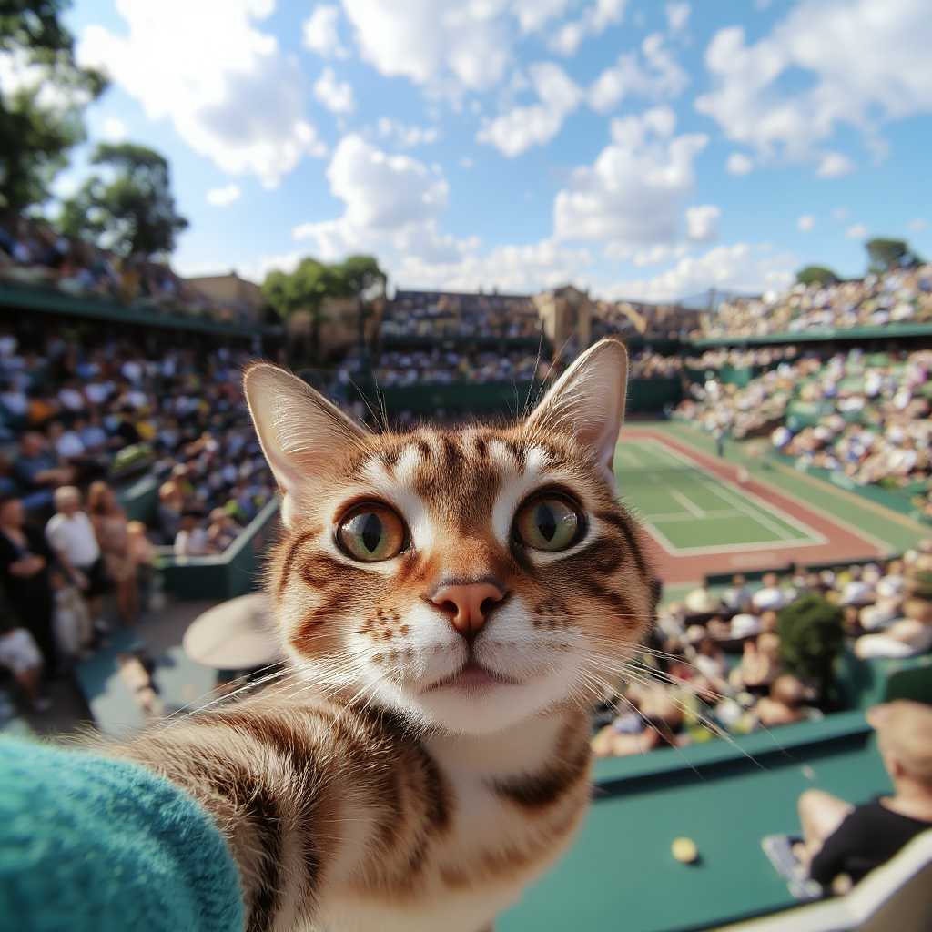 , A cat selfie with Rolland Garros tennis match happening behind