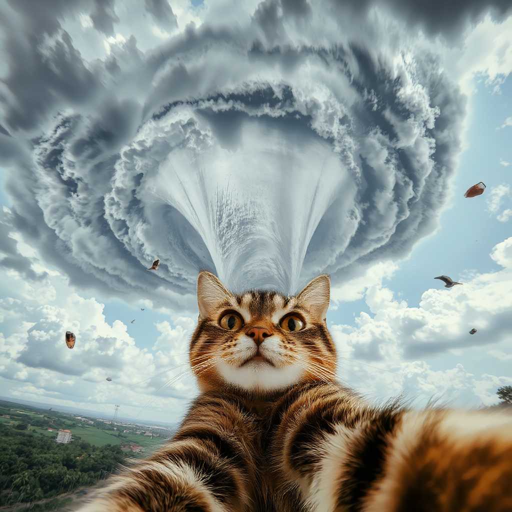 , A cat selfie in front of a huge tornado with 400 wind speed and everything flying around