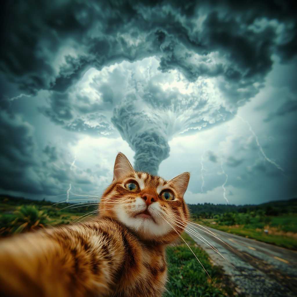 , A cat selfie in front of a huge tornado with 400 wind speed and everything flying around, tons of thunder and lightnings
