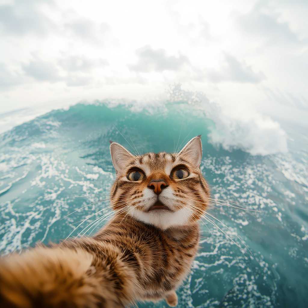, A cat selfie in front of a huge tsunami  wave coming right behind him