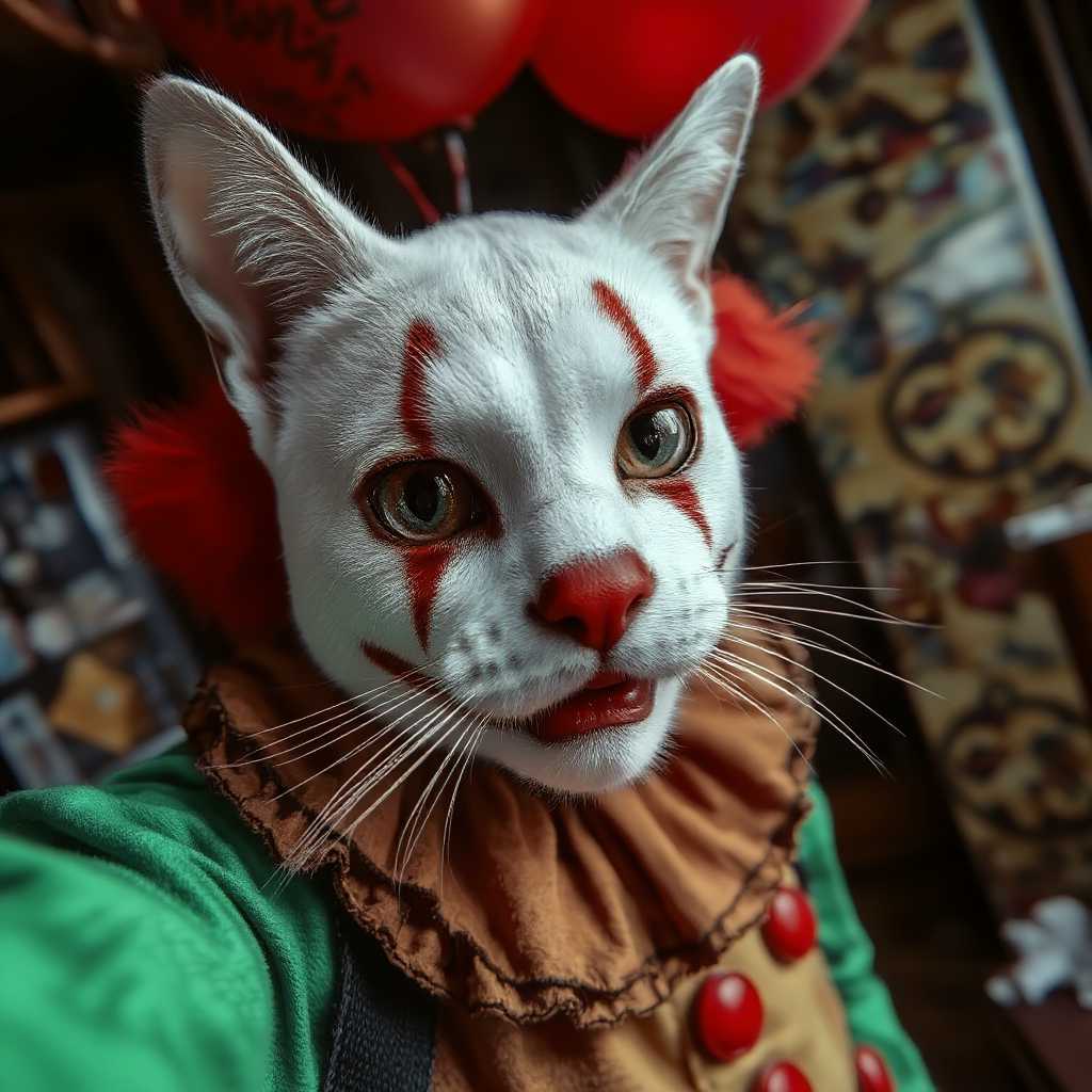 , A cat selfie side of a killer clown