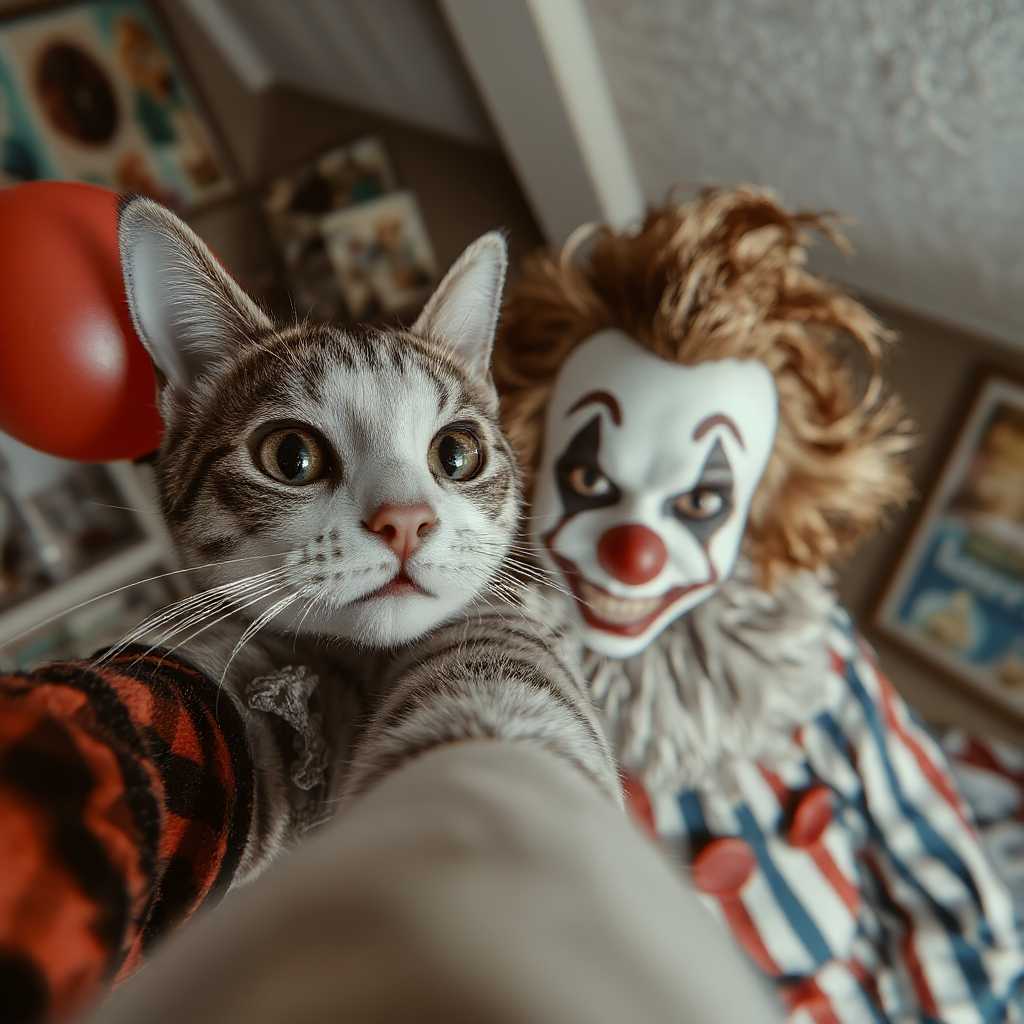 , A cat selfie with a human killer clown