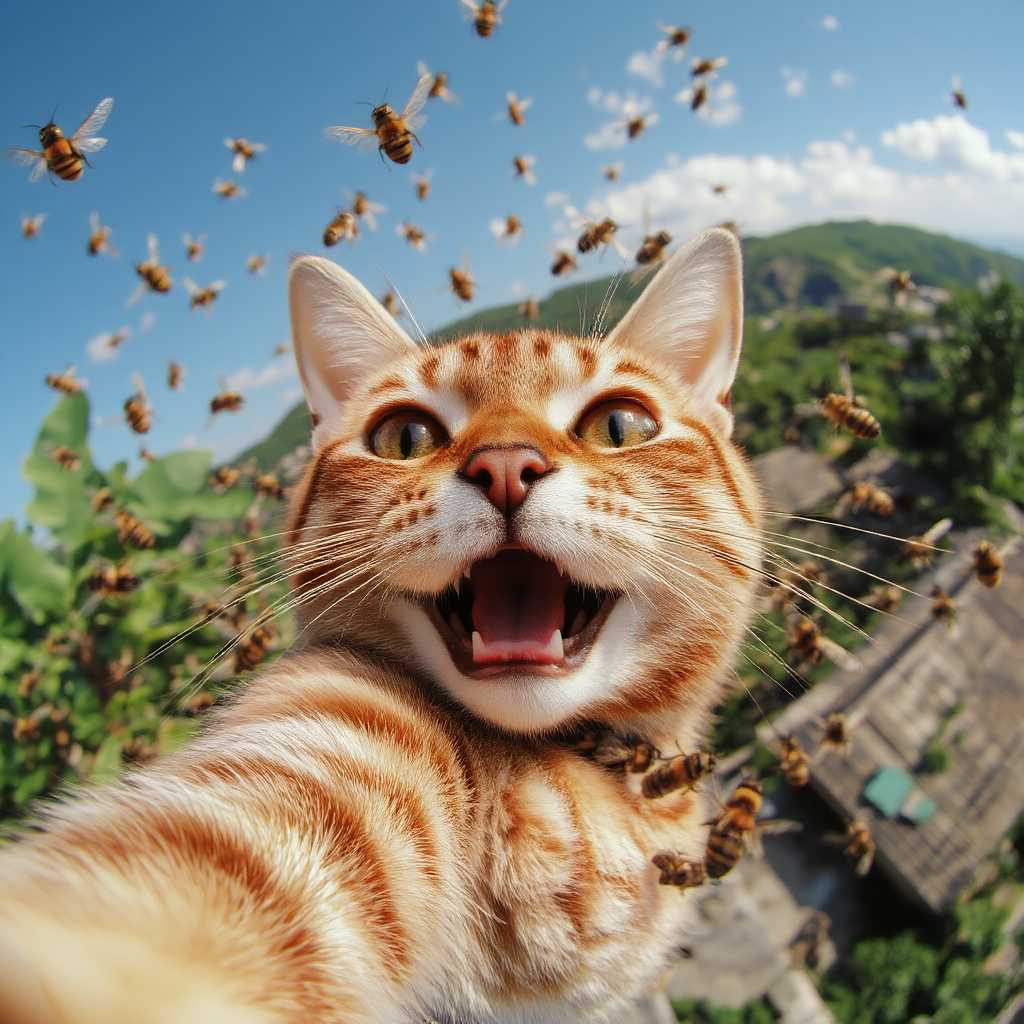 , A cat selfie with tons of flying Asian hornets