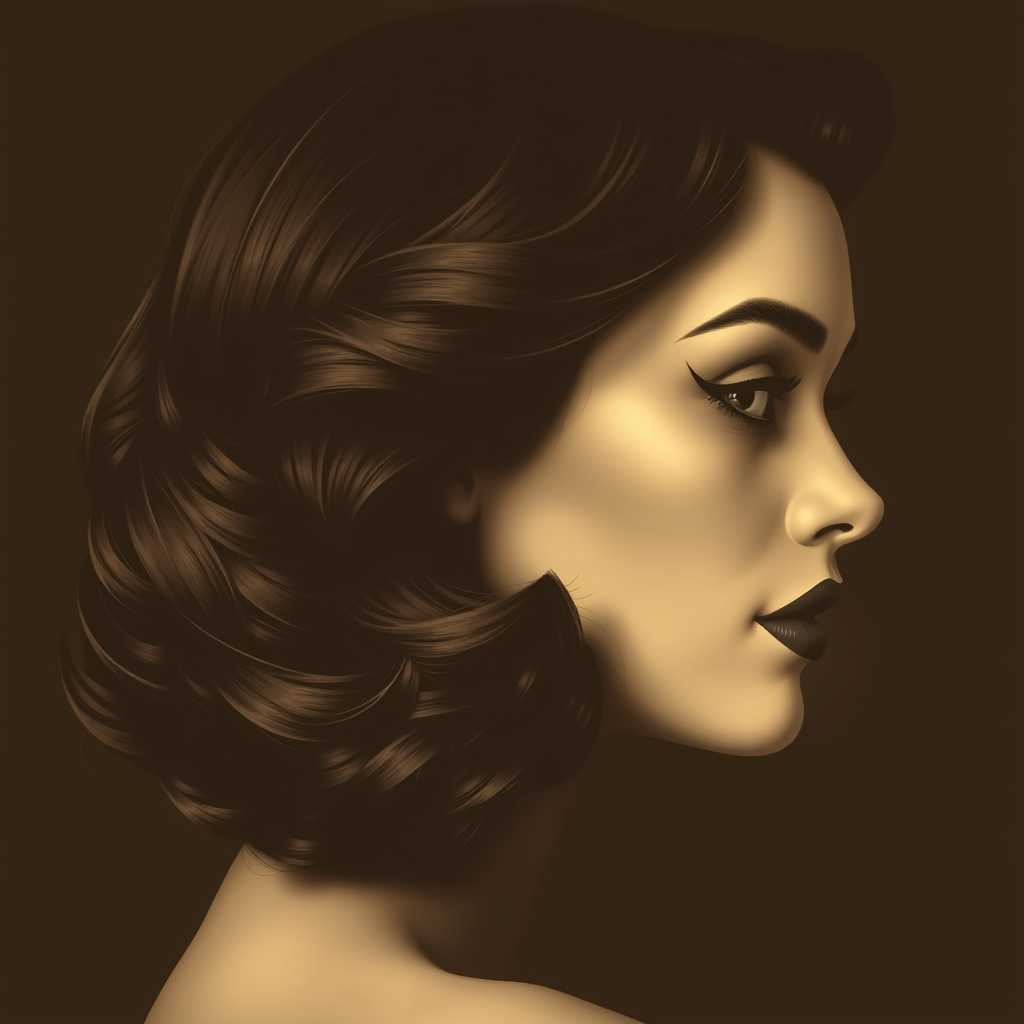 This image is a monochromatic portrait, rendered in a sepia tone that gives it a vintage and timeless quality. The subject of the portrait is a person with a strong profile, and the focus is on their hair and the side of their face.The hair is voluminous and falls in waves, giving the impression of a classic Hollywood hairstyle from the mid20th century. The waves are soft and appear to have a natural curl, with a slight lift at the ends that adds volume and movement. The hairs dark color is deep and rich, with a glossy sheen that suggests it is wellmaintained and healthy.The persons makeup is done in a style that echoes the same vintage aesthetic. The eyebrows are welldefined and arched, with a slight shadow that gives them depth. The eyes are accentuated with a winged eyeliner and mascara that lengthens and thickens the lashes. The lips are coated in a deep, rich shade of lipstick that complements the overall dark tones of the image.The art style of the portrait is reminiscent of a classic Hollywood glamour portrait, with a focus on the subjects features and a timeless elegance. The lighting in the image is soft and diffused, with a gentle shadow cast on the side of the subjects face, which adds depth and dimension to the portrait.The medium of the image is not specified, but it appears to be a highquality photograph, possibly taken with a vintage camera or digitally manipulated to emulate the look of a vintage photograph. The overall effect is one of sophistication and allure, capturing a moment of quiet confidence and grace.