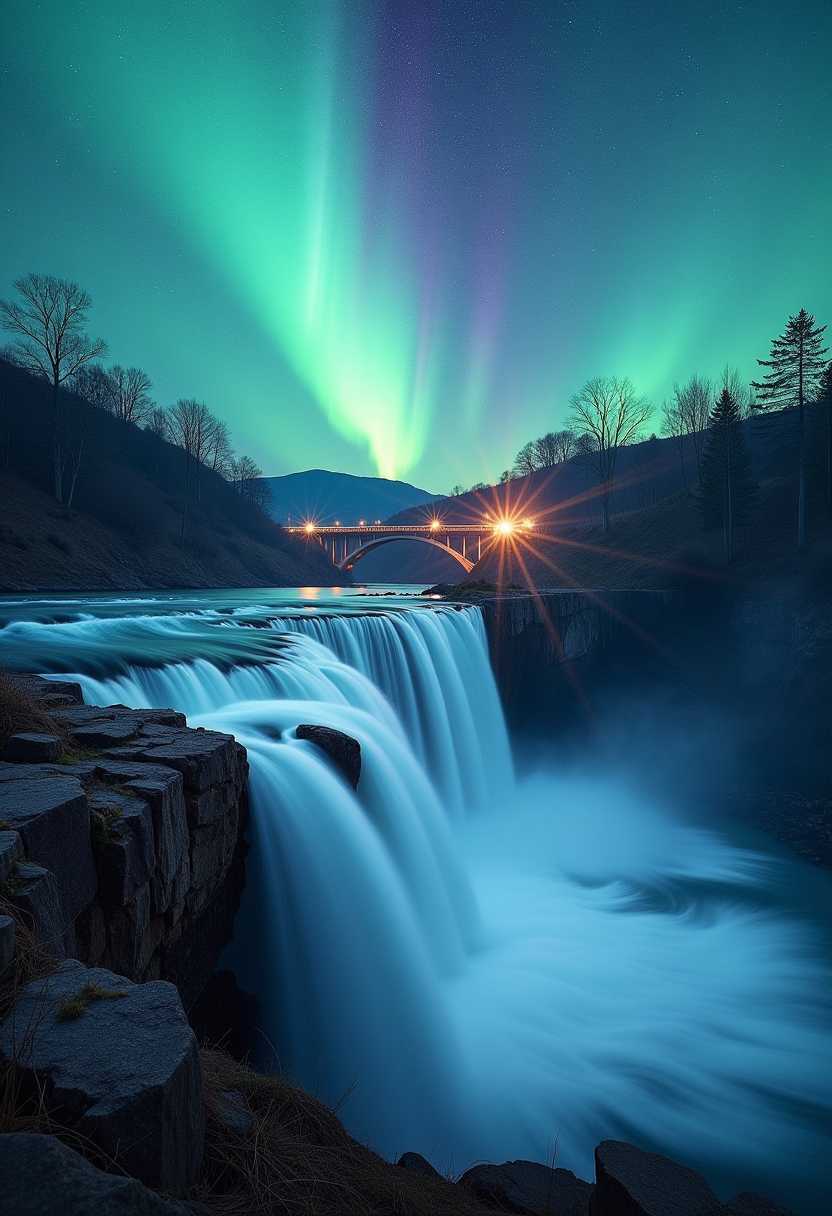 This image captures a breathtaking nighttime scene, where the dynamic interplay of nature and the cosmos comes to life. The art style is a blend of realism and impressionism, with a focus on the dramatic effect of light and color in the dark environment.The medium appears to be a longexposure photograph, as evidenced by the smooth, ethereal quality of the water cascading over the falls. The camera settings have been carefully adjusted to capture the movement of the water without blurring the stars and the aurora borealis, which are frozen in sharp detail.The colors in the image are rich and vibrant, with a predominance of deep blues and greens in the sky, which are illuminated by the aurora borealis. The falls are a brilliant white, creating a stark contrast against the dark rocks and the surrounding landscape. The aurora itself displays a spectrum of colors, from greens to purples and pinks, which add a sense of depth and movement to the sky.Objects in the image include the waterfall itself, which is the focal point of the composition. It flows over rugged, jagged rocks, creating a misty effect that adds to the mystique of the scene. In the background, there is a bridge that spans across a river, with lights illuminating the surrounding area. This provides a human element to the otherwise wild and untamed landscape. The trees and shrubs on the hillside are silhouetted against the dark sky, contributing to the sense of depth and isolation in the scene. The stars sprinkled across the sky add to the overall feeling of tranquility and wonder.