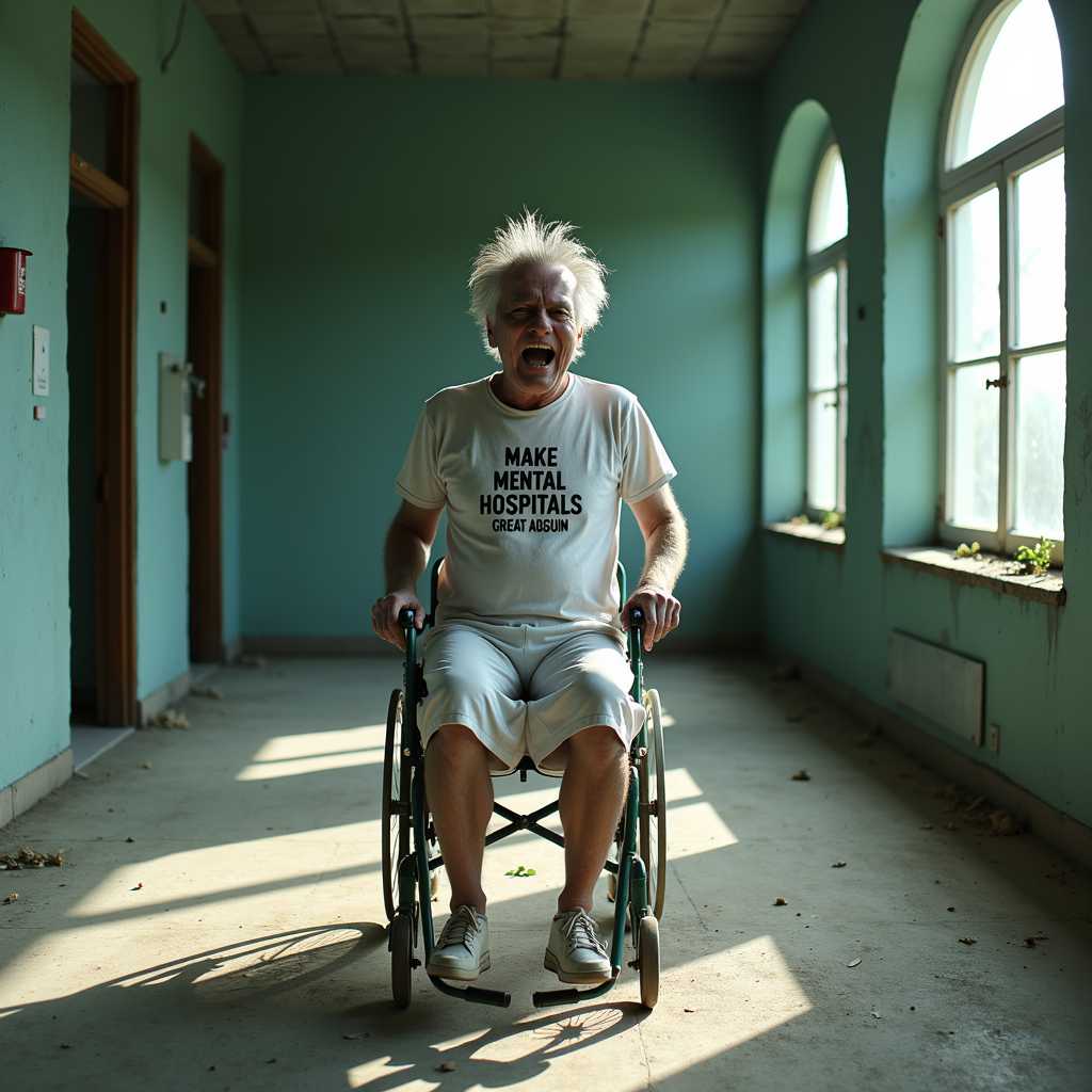 Elderly Man in Wheelchair Shouting in Abandoned Hospital Hallway