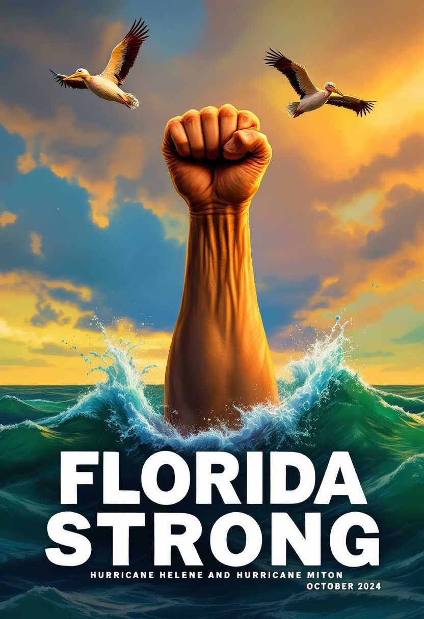 Text at bottom reads words "Florida Strong, Hurricane Helene and Hurricane Mitton, October 2024" printed on the bottom.  This photo that depicts a powerful and symbolic scene. The art style is realistic with a touch of surrealism, as evidenced by the exaggerated size of the human arm and the dramatic elements in the composition.The medium appears to be digital painting, given the smooth blending of colors and the lack of texture that might be present in traditional mediums like oil or acrylic paints.The colors in the image are vibrant and rich, with a predominance of blues and greens that suggest the ocean and the tropical environment. The sky is a gradient of warm oranges and yellows, possibly representing the sun setting or rising. The human arm is rendered in warm tones, contrasting with the cool blues and greens of the ocean and sky.The objects in the image include1. A human arm, muscular and powerful, rising from the ocean. The arm is clenched into a fist, which is a universal symbol of strength and defiance.2. Two pelicans flying above the arm, which are often associated with Florida and coastal environments.3. Palm trees swaying in the wind, which are a common sight in Florida and add to the tropical ambiance of the scene.4. Waves crashing against the shore, which add dynamism and movement to the composition.5. A flock of birds flying in the sky, which could represent freedom or the resilience of nature.6. The horizon line, where the ocean meets the sky, which provides depth and perspective to the scene.Overall, the image conveys a strong message of resilience and strength in the face of adversity, likely referencing the recovery from hurricanes in Florida. The use of symbolism and powerful imagery makes the message both poignant and memorable. hyper-realism hd 8k