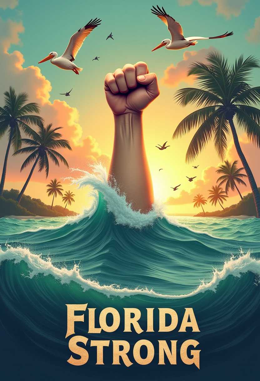 Text at bottom reads words "Florida Strong, Hurricane Helene and Hurricane Mitton, October 2024" printed on the bottom, raised text beige.  This photo that depicts a powerful and symbolic scene. The art style is realistic with a touch of surrealism, as evidenced by the exaggerated size of the human arm and the dramatic elements in the composition.The medium appears to be digital painting, given the smooth blending of colors and the lack of texture that might be present in traditional mediums like oil or acrylic paints.The colors in the image are vibrant and rich, with a predominance of blues and greens that suggest the ocean and the tropical environment. The sky is a gradient of warm oranges and yellows, possibly representing the sun setting or rising. The human arm is rendered in warm tones, contrasting with the cool blues and greens of the ocean and sky.The objects in the image include1. A human arm, muscular and powerful, rising from the ocean. The arm is clenched into a fist, which is a universal symbol of strength and defiance.2. Two pelicans flying above the arm, which are often associated with Florida and coastal environments.3. Palm trees swaying in the wind, which are a common sight in Florida and add to the tropical ambiance of the scene.4. Waves crashing against the shore, which add dynamism and movement to the composition.5. A flock of birds flying in the sky, which could represent freedom or the resilience of nature.6. The horizon line, where the ocean meets the sky, which provides depth and perspective to the scene.Overall, the image conveys a strong message of resilience and strength in the face of adversity, likely referencing the recovery from hurricanes in Florida. The use of symbolism and powerful imagery makes the message both poignant and memorable. hyper-realism hd 8k