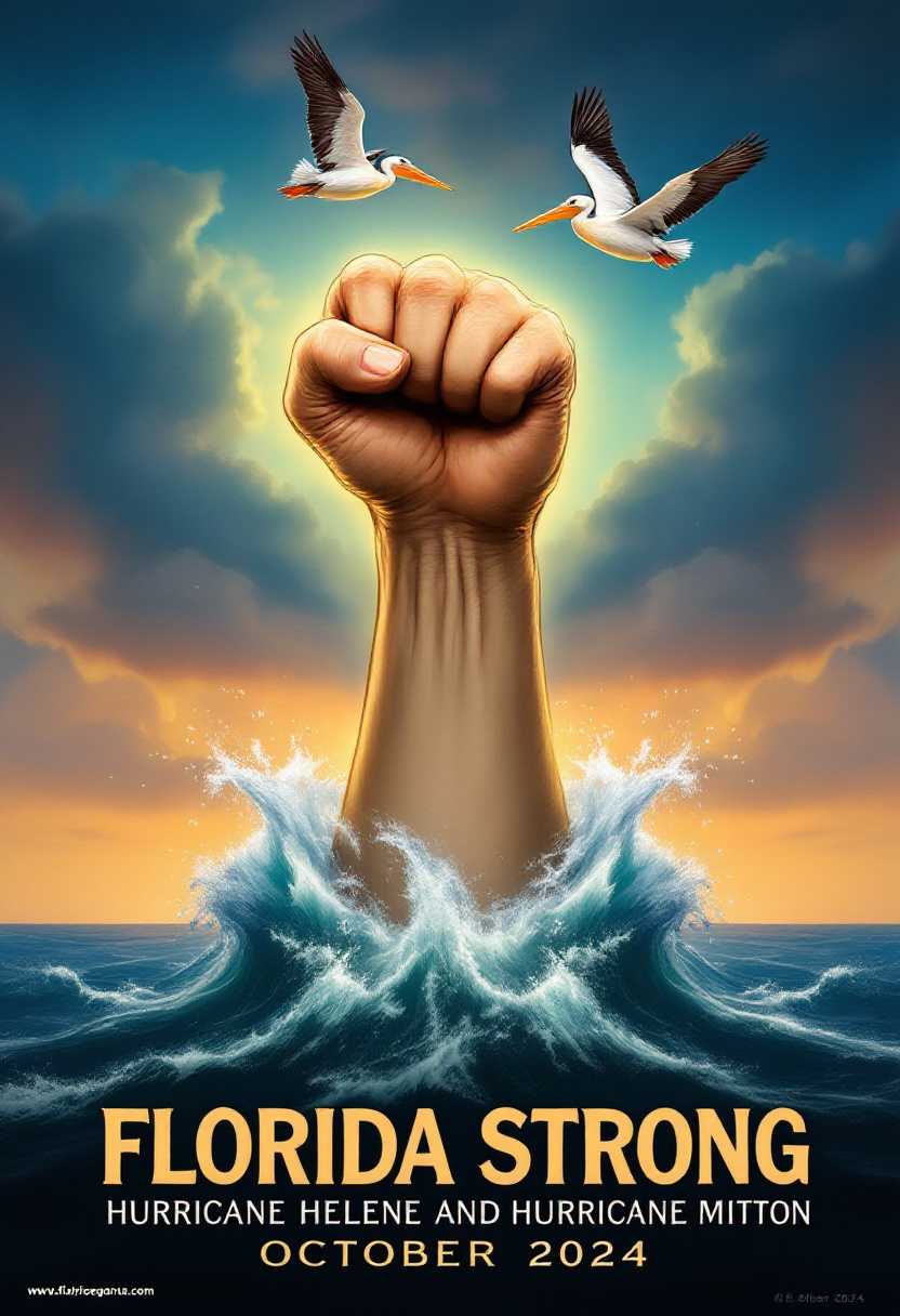 Text at bottom reads words "Florida Strong, Hurricane Helene and Hurricane Mitton, October 2024" printed on the bottom, raised text beige.  This photo that depicts a powerful and symbolic scene. The art style is realistic with a touch of surrealism, as evidenced by the exaggerated size of the human arm and the dramatic elements in the composition.The medium appears to be digital painting, given the smooth blending of colors and the lack of texture that might be present in traditional mediums like oil or acrylic paints.The colors in the image are vibrant and rich, with a predominance of blues and greens that suggest the ocean and the tropical environment. The sky is a gradient of warm oranges and yellows, possibly representing the sun setting or rising. The human arm is rendered in warm tones, contrasting with the cool blues and greens of the ocean and sky.The objects in the image include1. A human arm, muscular and powerful, rising from the ocean. The arm is clenched into a fist, which is a universal symbol of strength and defiance.2. Two pelicans flying above the arm, which are often associated with Florida and coastal environments.3. Palm trees swaying in the wind, which are a common sight in Florida and add to the tropical ambiance of the scene.4. Waves crashing against the shore, which add dynamism and movement to the composition.5. A flock of birds flying in the sky, which could represent freedom or the resilience of nature.6. The horizon line, where the ocean meets the sky, which provides depth and perspective to the scene.Overall, the image conveys a strong message of resilience and strength in the face of adversity, likely referencing the recovery from hurricanes in Florida. The use of symbolism and powerful imagery makes the message both poignant and memorable. hyper-realism hd 8k