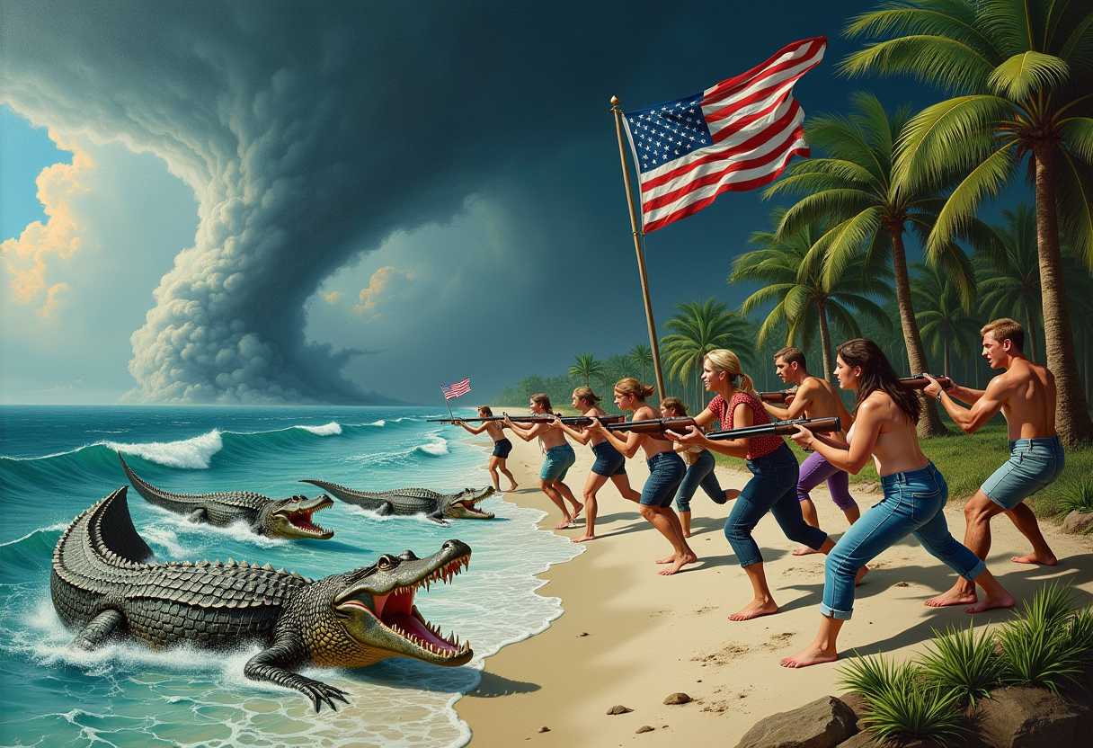 This image is a surreal and actionpacked scene that combines elements of nature and human activity. The art style is reminiscent of a hyperrealistic painting, with attention to fine details and textures. The medium appears to be oil paint, given the rich color saturation and the way the light plays across the surfaces.The colors in the image are vivid and dynamic, with a predominance of blues, greens, browns, and grays. The ocean is depicted in various shades of blue, from turquoise to deep navy, and the waves are rendered with a realistic froth and texture. The greenery, including the palm trees and the foliage in the background, adds a touch of life to the scene. The human figures are clothed in a variety of colors, including denim, white, and various shades of purple and pink.The objects in the image are numerous and varied. In the foreground, there are several alligators in the water, with their mouths open as if they are attacking or defending themselves. These creatures are rendered with lifelike scales and textures. The humans are armed with an assortment of firearms, including rifles, shotguns, and handguns, and they are in various poses of action, some aiming their weapons, others in midmotion. The American flag is prominently displayed in the background, fluttering against the wind. The sky is tumultuous, with a swirling tornado and dark, brooding clouds, suggesting a storm or a natural disaster.Overall, the image conveys a sense of chaos and urgency, with the humans appearing to be in a fight for survival against the elements and the alligators. The juxtaposition of a serene beach setting with the ferocity of the natural world creates a striking contrast, and the attention to detail in the painting adds to the overall sense of drama and intensity.