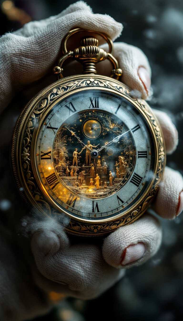 Golden Pocket Watch with Roman Numerals and Intricate Design, Held by a Gloved Hand
