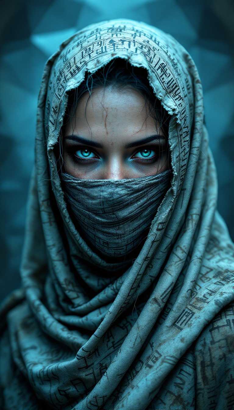 an ancient, cloaked female figure with piercing eyes, face covered in dust and dirt, their face wrapped in fabric adorned with extremely intricate hieroglyphs, set against an abstract, polygonal blue gradient background. The cloth appears worn and frayed, with strands of cobwebs catching the light, evoking a sense of age and decay. The background’s geometric facets shift from light to dark blue, creating a sense of depth that feels cold and detached, as if the figure exists within a frozen, digital void. Every wrinkle, stitch, and symbol on the fabric is detailed, revealing a story etched into the cloth. The icy blues of the background offer a stark contrast, amplifying the figure’s ancient aura. This composition weaves together themes of antiquity and futurism, drawing the viewer into a world where the past is preserved within a crystalline digital space.