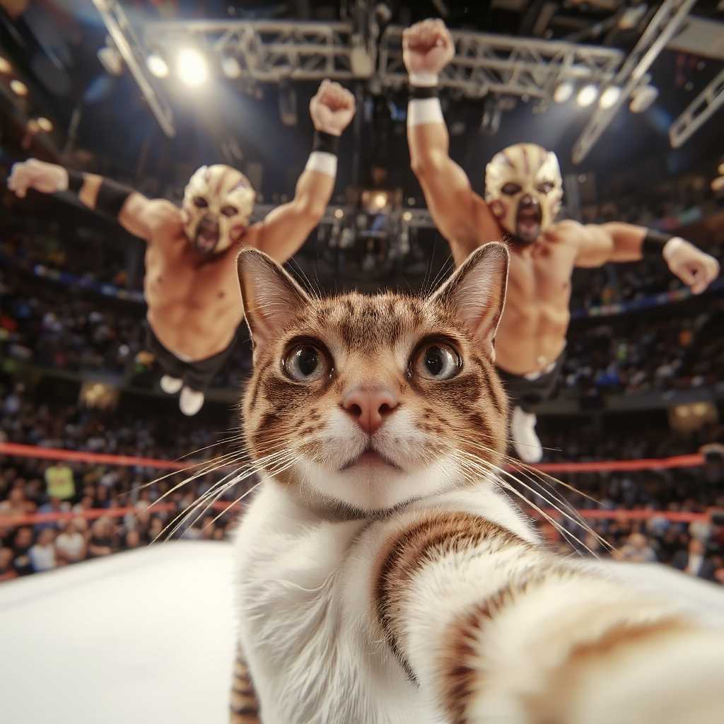 A smug Siamese cat making a selfie in the middle of a professional wrestling ring, oblivious to two massive wrestlers in luchador masks who are mid-air, about to collide over the cat’s head. Stadium lighting, packed audience, with a comically serious look on the cat’s face.