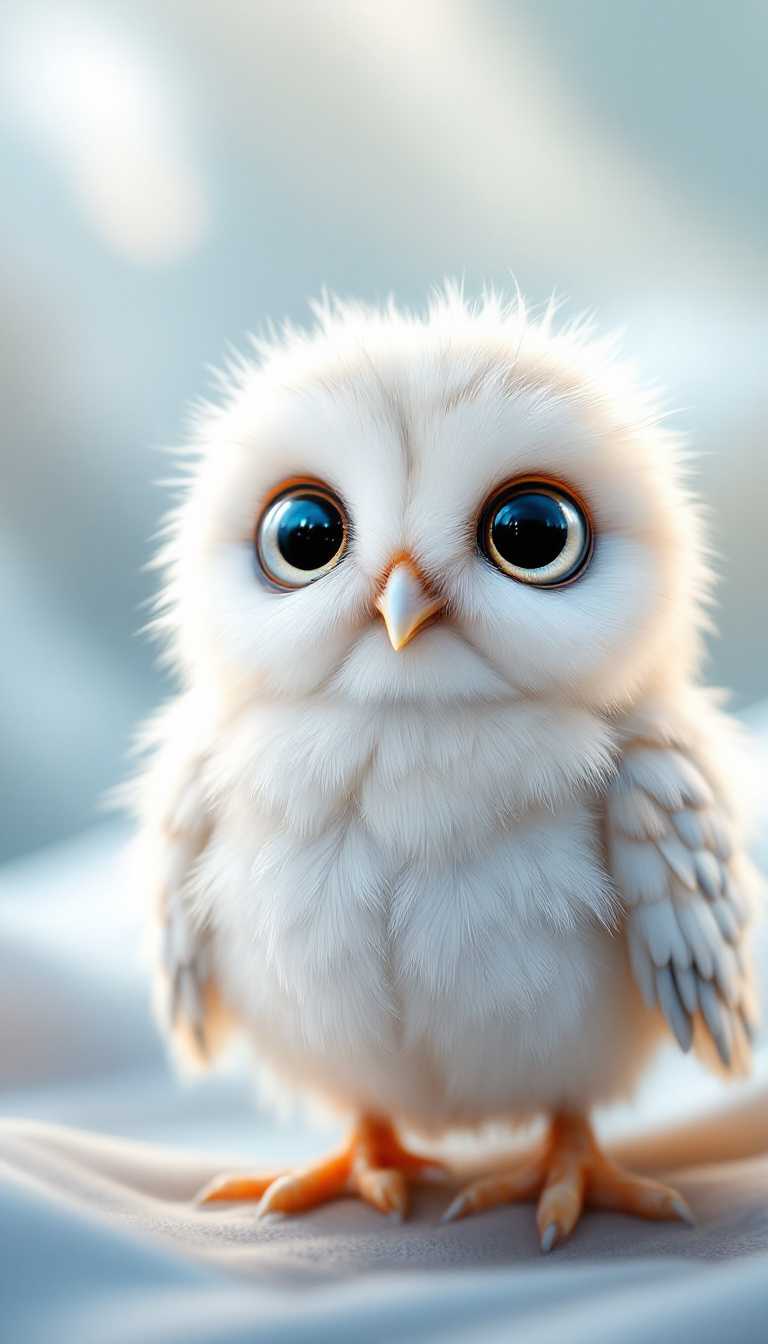 long shot scenic professional photograph of a cute fluffy owl chick with big bright eyes, centered composition with soft white feathers and a playful expression. A light pastel background with gentle curves enhances the scene. A detailed 3D rendering capturing warm lighting, soft shadows, and fuzzy texture, perfect viewpoint, highly detailed, wide-angle lens, hyper realistic, with dramatic sky, polarizing filter, natural lighting, vivid colors, everything in sharp focus, HDR, UHD, 64K