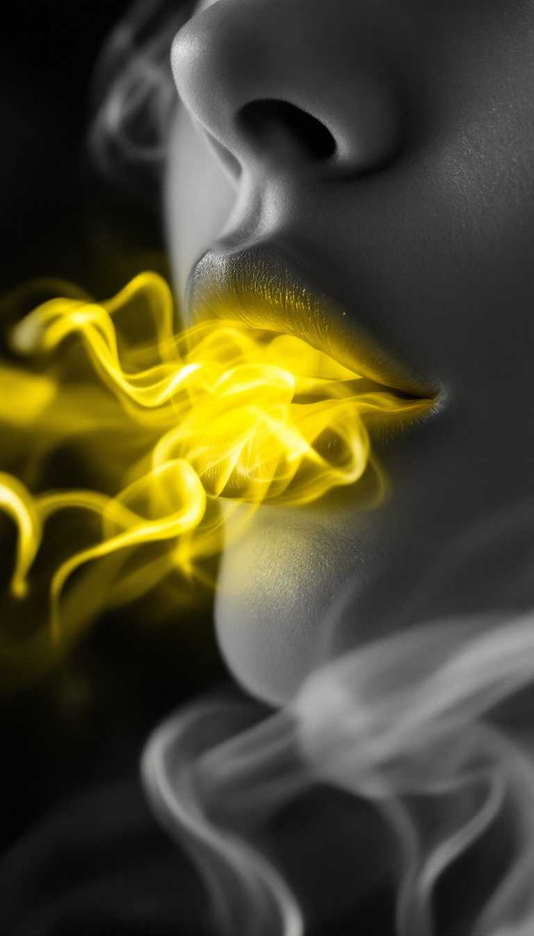 A close-up photograph of a woman's lips in monochrome, except for her lips, which are a vibrant, glowing yellow. Soft, ethereal yellow smoke-like waves emanate from her lips, flowing gently into the surrounding air. The rest of the image remains in black and white, creating a stark contrast with the vivid yellow glow, emphasizing the surreal and dreamlike quality of the scene