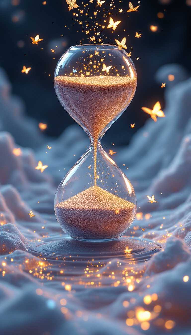 A surreal image of a floating, upside-down hourglass where the sand consists of shimmering metallic butterflies. As the sand flows upward, the butterflies flutter their wings, breaking apart into smaller particles of stardust. The hourglass floats in the center of a vast, liquid-like sky, with ripples of light radiating outward from the hourglass. The entire scene is bathed in ethereal light, with hints of glowing, molten gold swirling in the background. The perspective is slightly tilted, giving a disorienting yet mesmerizing effect.  