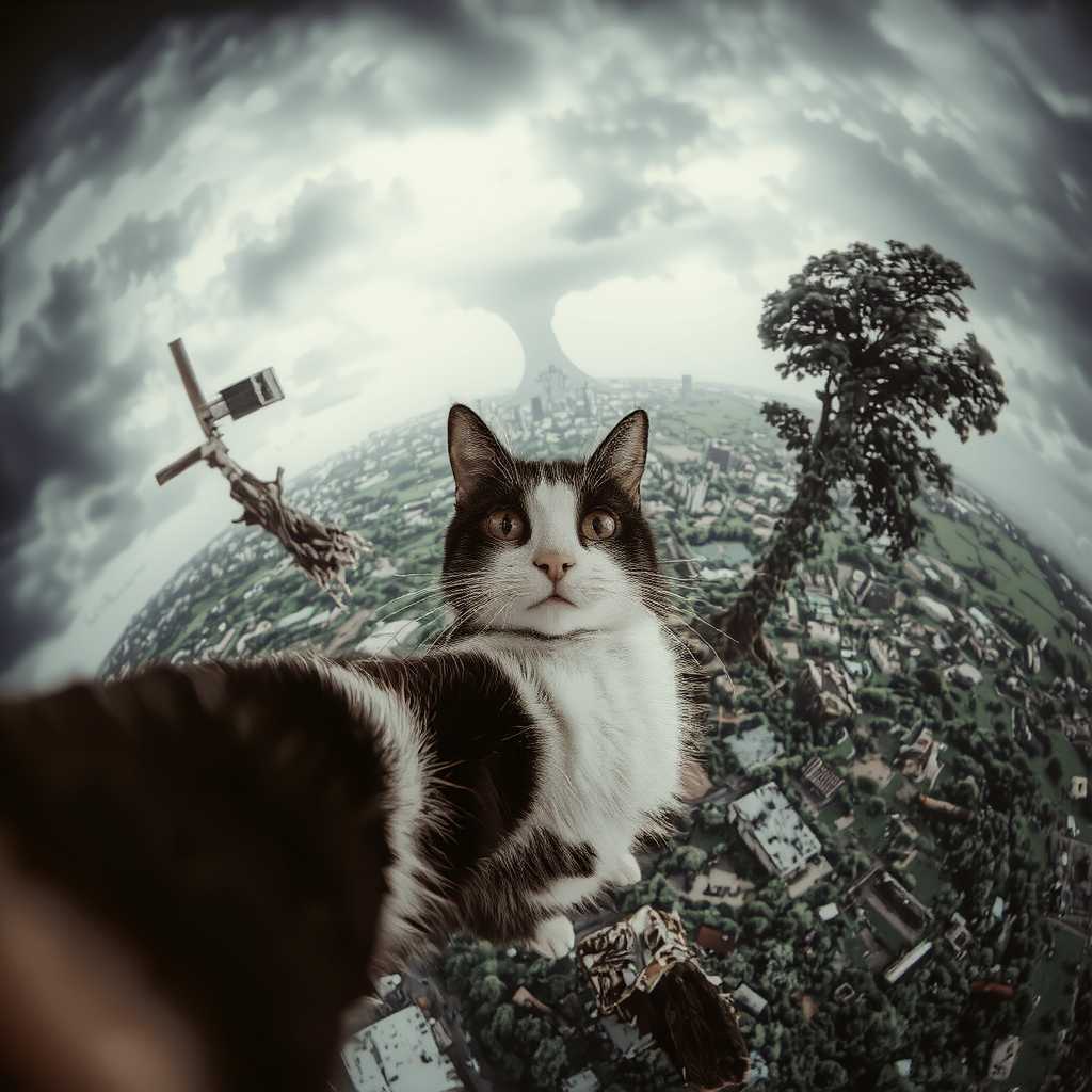 A black-and-white tuxedo cat taking a selfie inside a tornado, with random debris—like cows, lawn chairs, and entire trees—whirling around it. The cat holds its selfie steady, looking nonchalant despite the surrounding chaos. Dark storm lighting with intense, windy effects for dramatic flair.