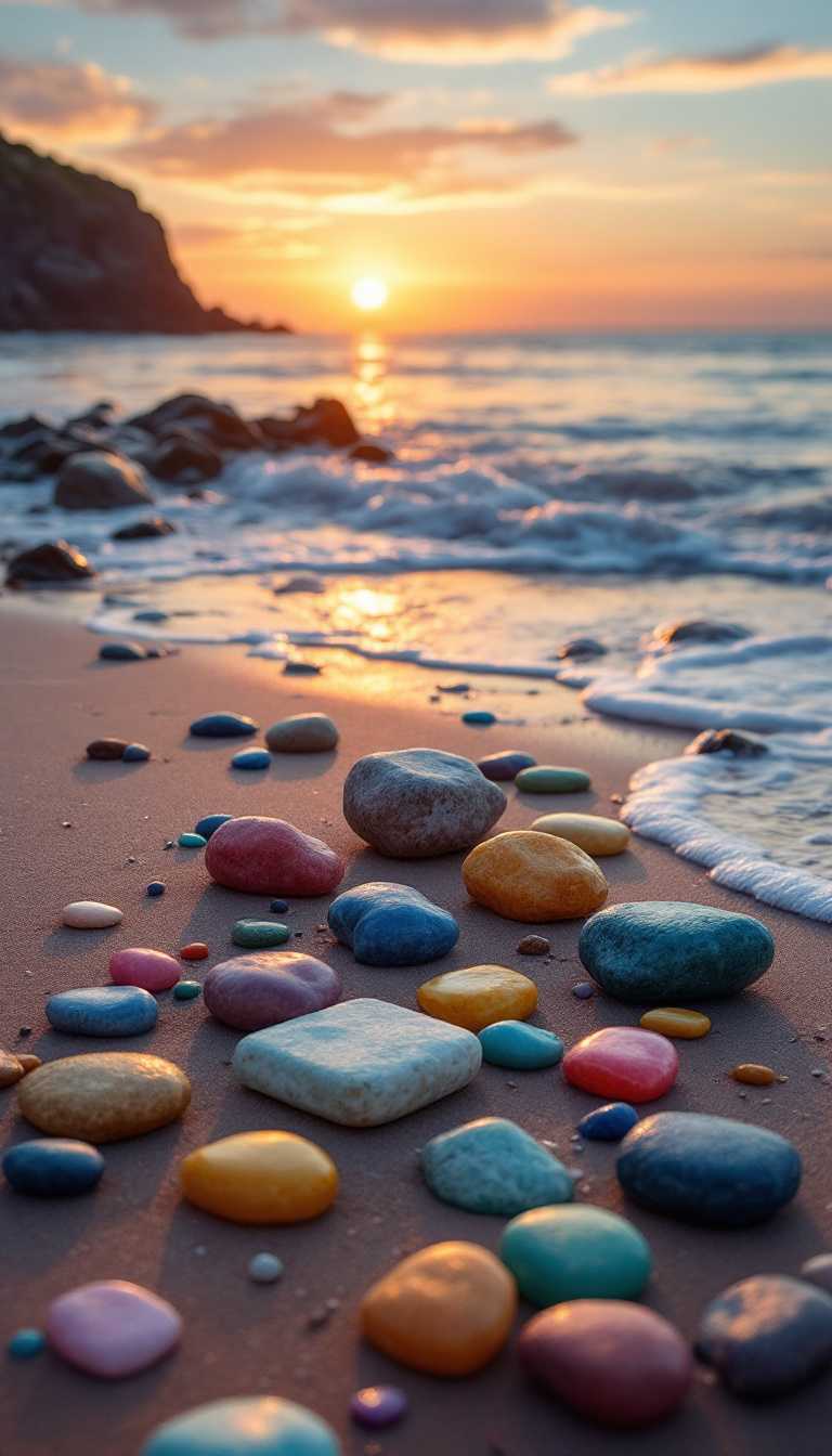 Colorful Pebbles on a Sunset Beach