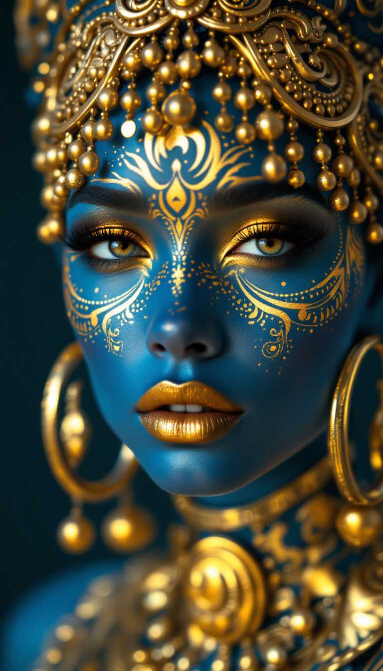 Imagine a hyper-detailed portrait of a woman with azure blue skin, her face decorated with gold tribal patterns that swirl and curve around her eyes, cheeks, and neck. The golden motifs are complex, with lines, dots, and spirals that add texture and depth to her visage. Her lips are painted with a deep metallic color that harmonizes with the golden details on her skin. She wears a prominent headdress of gold, adorned with dangling ornaments that add movement and contrast to the stillness of her face. Large, elegant gold hoop earrings complement the tribal-inspired design, and her eyes are framed with dramatic golden eye shadow and long, defined lashes. The lighting is soft yet focused, highlighting the gold’s shimmer and the matte finish of her blue skin, lending a realistic touch to this ethereal composition. This photorealistic image fuses ancient cultural elements with a modern style, creating a mesmerizing effect.
