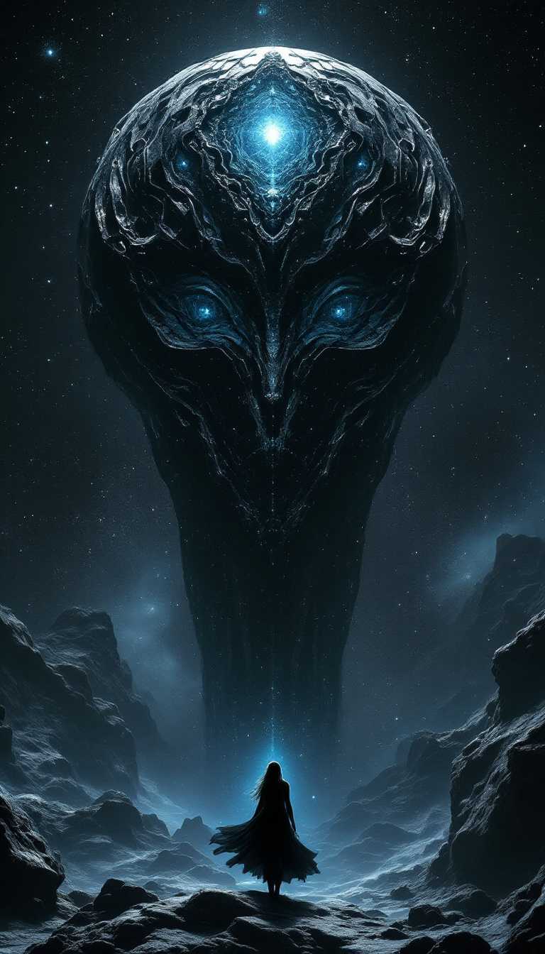 Fantasy Art Epic Space Battle with Alien Planet and Heroic Figure