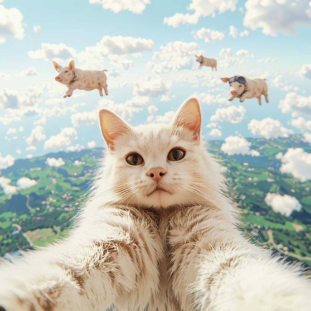  A long-haired white cat taking a selfie in front of a surreal landscape where flying pigs are gracefully soaring through the sky. The cat appears completely bored, while one of the pigs has a pilot hat and goggles. Pink, fluffy clouds in a dreamlike, humorous lighting.
