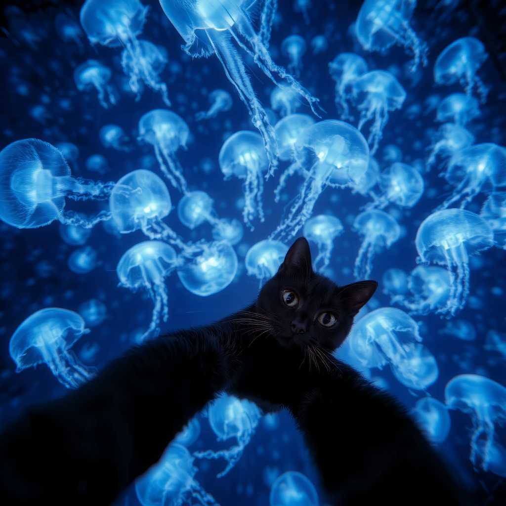 A sleek black cat taking a selfie while floating in a field of giant, glowing jellyfish suspended in the air. The jellyfish gently drift around the cat, each one casting an eerie, neon blue glow. Dreamy underwater lighting, surreal and otherworldly.