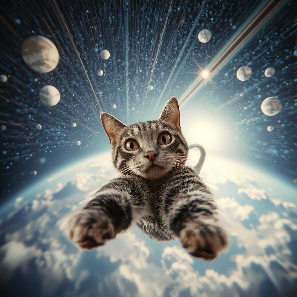 A grey tabby cat taking a selfie as it floats in a giant teacup filled with stars instead of tea, drifting through an endless sky. Planets and constellations appear close enough to touch, and meteors zoom past in vibrant colors. Soft, glowing lighting for a dreamlike scene.