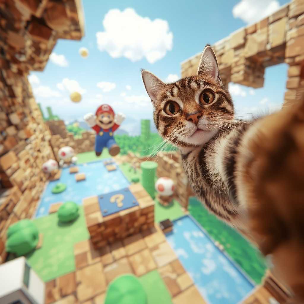 A tabby cat snapping a selfie in the middle of a Super Mario level, standing on a brick block with Mario jumping up to hit a question block nearby. Goombas and Koopa Troopas march in the background as the cat looks entirely unbothered. Bright, pixelated colors for a classic retro vibe.