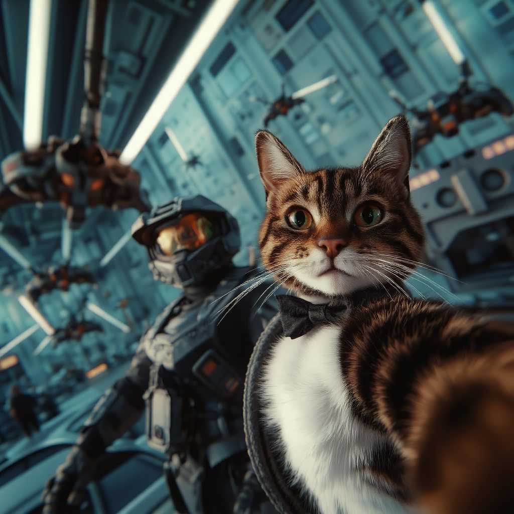 A tuxedo cat with a calm expression taking a selfie while standing next to Master Chief in the world of Halo. Plasma bolts and alien ships fly by, with the cat casually oblivious as Master Chief prepares for battle. Futuristic lighting, dark greens and blues with high-tech details.