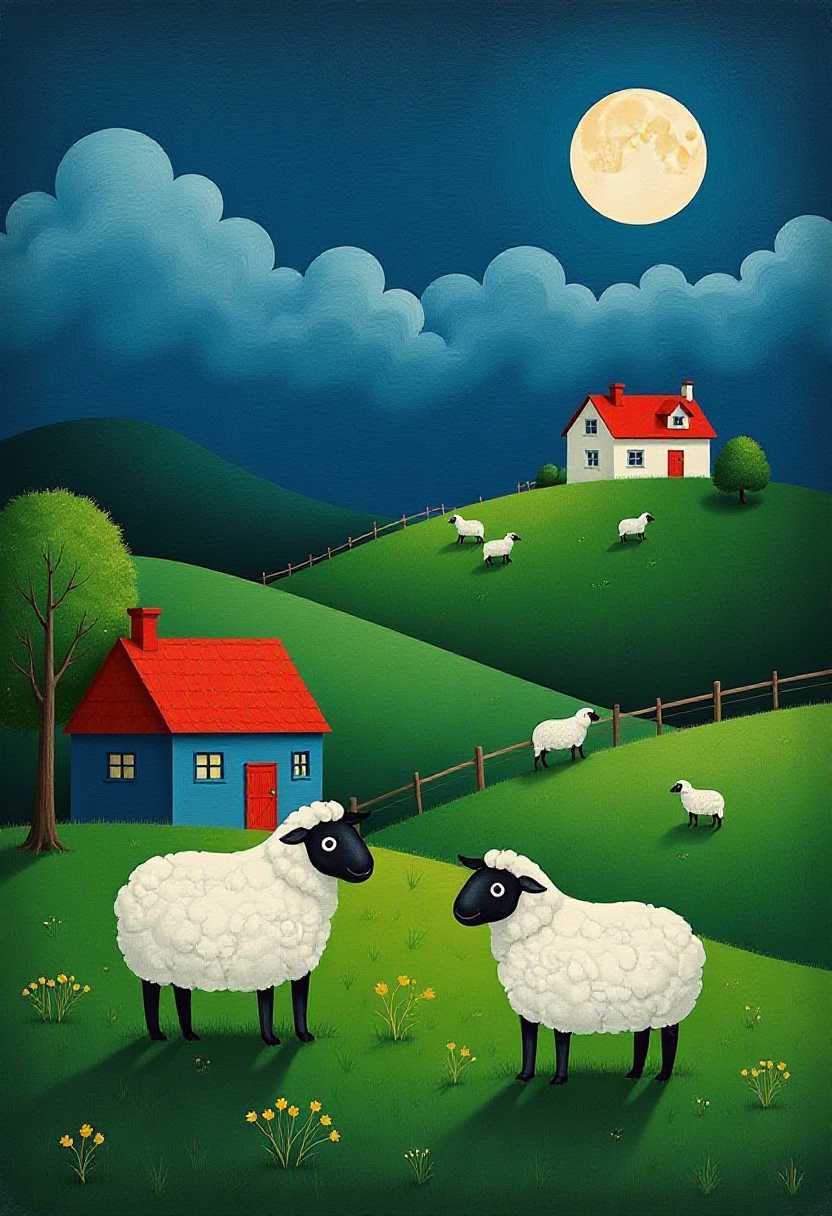 This image is a stylized depiction of a pastoral landscape at night. The art style is reminiscent of naive or folk art, with its simplified forms and flat planes of color. The medium appears to be oil paint or a similar oilbased paint, given the texture and richness of the colors.The sky is a deep, dark blue, swirling with clouds that are white and fluffy, giving a sense of movement. Above the clouds, a full moon bathes the scene in a soft, pale light, creating a serene atmosphere. The horizon is gently sloping, with a hill that recedes into the night.On the left side of the image, there is a small, onestory house with a red roof and a blue facade. It has a chimney and a few windows, and a tree beside it adds a touch of greenery. In the foreground, there are two sheep prominently featured, standing on a grassy knoll. They have white woolly coats and black faces, and their eyes are wide and alert. Behind them, there are rolling hills covered in lush green grass, and a few more sheep grazing on the hills.In the middle distance, there is a larger house with a white facade and a red roof, with multiple chimneys and windows. It is perched on a higher ground, overlooking the smaller house and the grazing sheep. A fence runs along the hillside, separating the property of the houses from the open fields.The colors in the image are soft and muted, with a predominance of greens, blues, and earth tones. The sheep are a bright white, which stands out against the darker background. The red roofs add a pop of color, and the full moon casts a pale glow over the entire scene.Overall, the image evokes a sense of peacefulness and stillness, capturing the quiet beauty of a rural night.