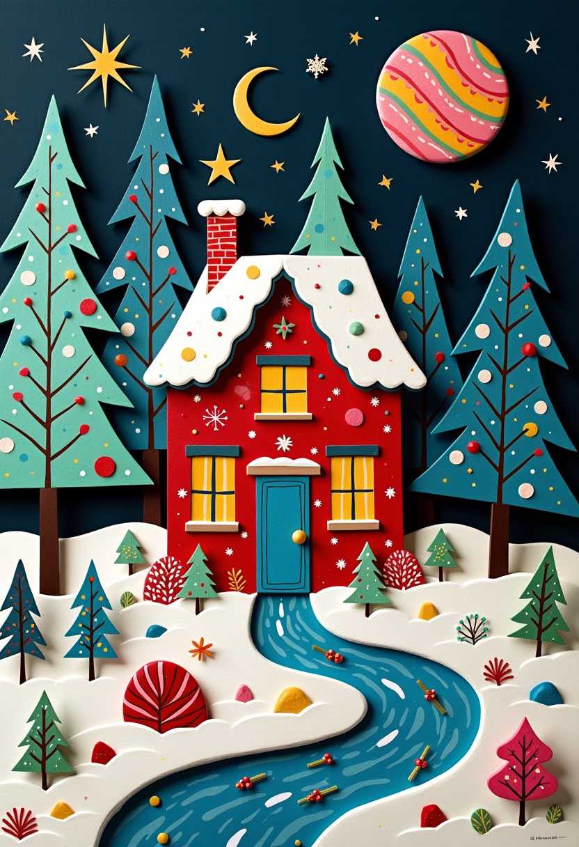 Colorful Christmas Cottage in the Night Forest