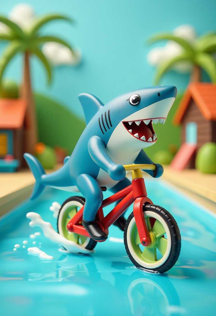 This image features simplified 3d characters and scenery that appears to be painted wooden figures or puppets without strings characterized by bold outlines, flat colors, and exaggerated shapes.This image is a whimsical and colorful depiction of a shark riding a bicycle in a swimming pool.