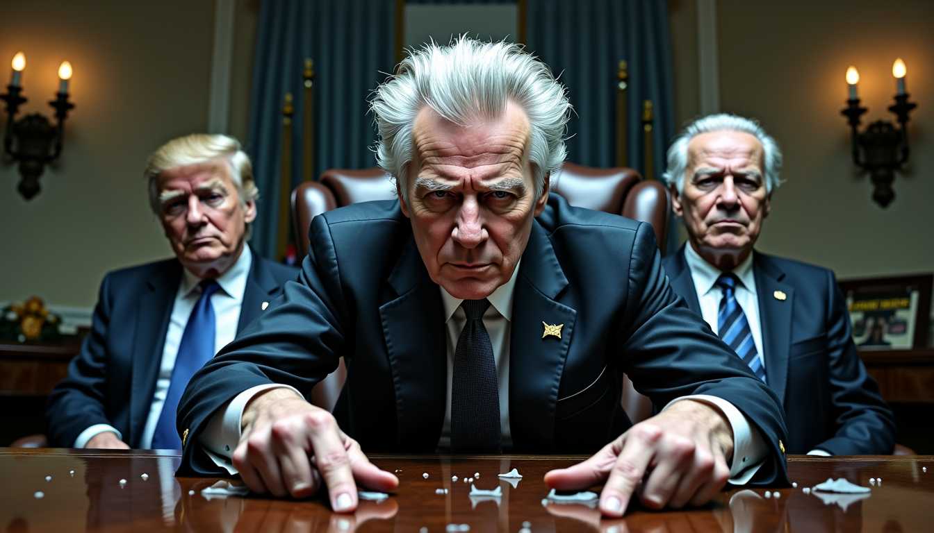 a photo of SteffN man,, In the foreground, SteffN, with his electrified grey and white hair, sits centrally in the presidential chair behind the oval table. His intense expression and authoritative hand gesture create a focal point of power and madness. The camera is positioned at eye level to emphasize the powerful command and derangement in his demeanor.
Composition: A dynamic, wide-angle photograph captures the surreal chaos of the Oval Office, now transformed into a haunted, gothic setting. 
Visual Details: SteffN's wild hair, offset by his immaculate Armani suit, shines in the flickering light, creating an unsettling contrast. His gleaming white teeth are a stark highlight against the dim, moody atmosphere. Across from him, Donald Trump and Joe Biden sit on a plush black leather sofa. Their caricatured, exaggerated expressions of fear and discomfort heighten the satirical humor of the scene, with no deformities in their hands.

Setting and Atmosphere: The Oval Office is dimly lit, filled with moving shadows and flickering lights, creating an eerie, ghostly ambiance. Cracked walls and peeling wallpaper suggest decay, while cobwebs adorn the corners. Broken furniture, shattered glass, and scattered old books add to the chaos. Heavy rain lashes